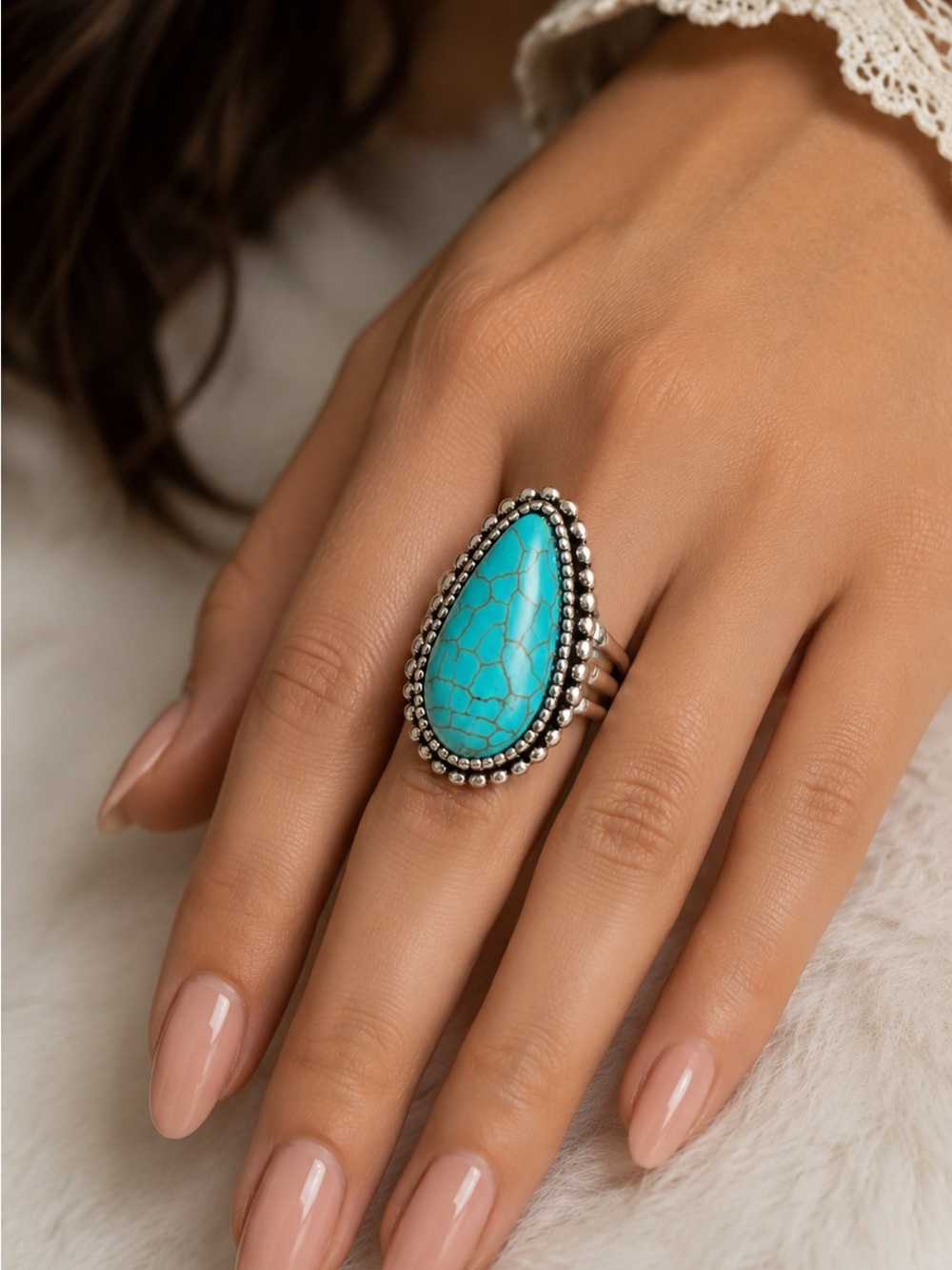 Turquoise Teardrop Statement Ring - Silver Tone